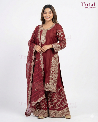 Premium Ghararah dress Ready Made Suit-[LP-333]-Red Maroon