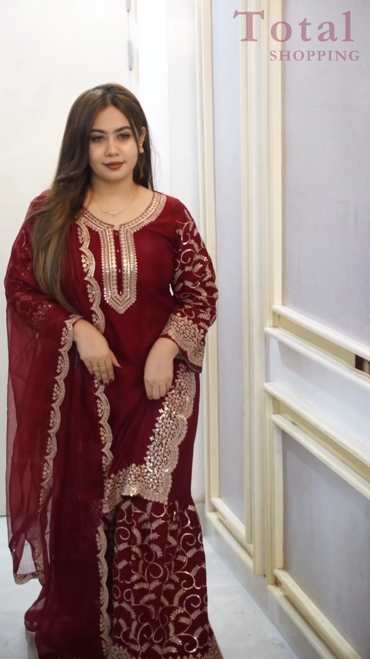 Premium Ghararah dress Ready Made Suit-[LP-333]-Red Maroon